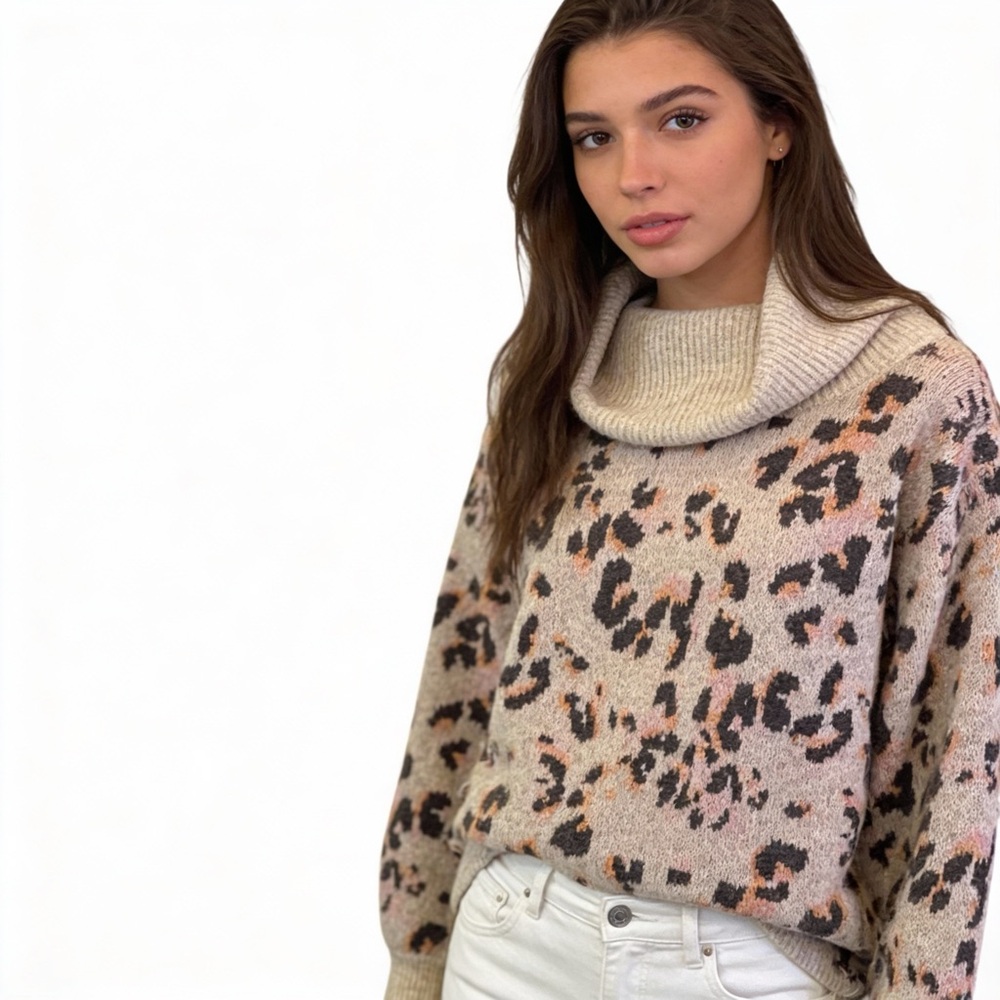 Anthropologie Leopard Print Cowl Neck Sweater - Cream and Brown